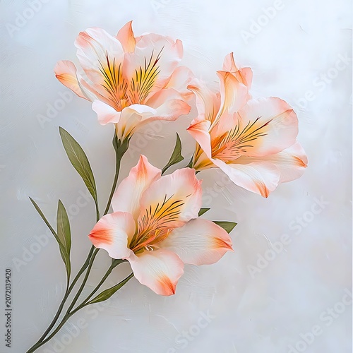 A delicate bouquet of three peach-colored lilies with green stems and leaves, captured in soft lighting
