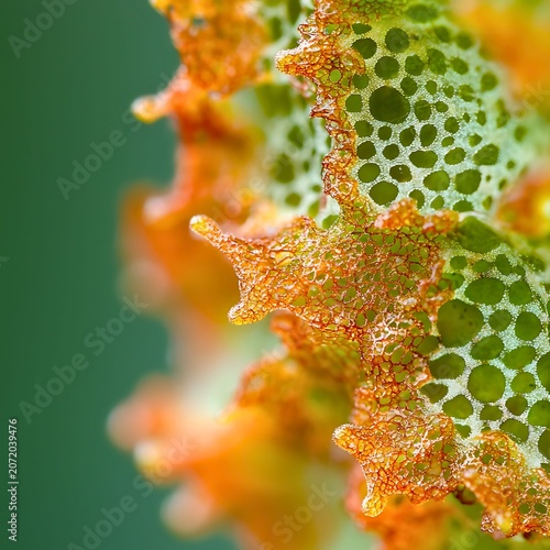 Abstract macro photography of a plant structure with green and orange hues, showcasing intricate cellular patterns and textured edges, set against a smooth green background