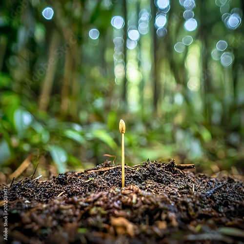 A tiny seedling sprouts from rich soil, bathed in the soft light of a forest. The new life signifies growth, hope, and the beginning of a new journey in the natural world
