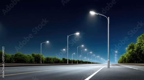 Multiple solar streetlights line a dark asphalt road at twilight with dense foliage on the sides creating a diminishing perspective into the distance