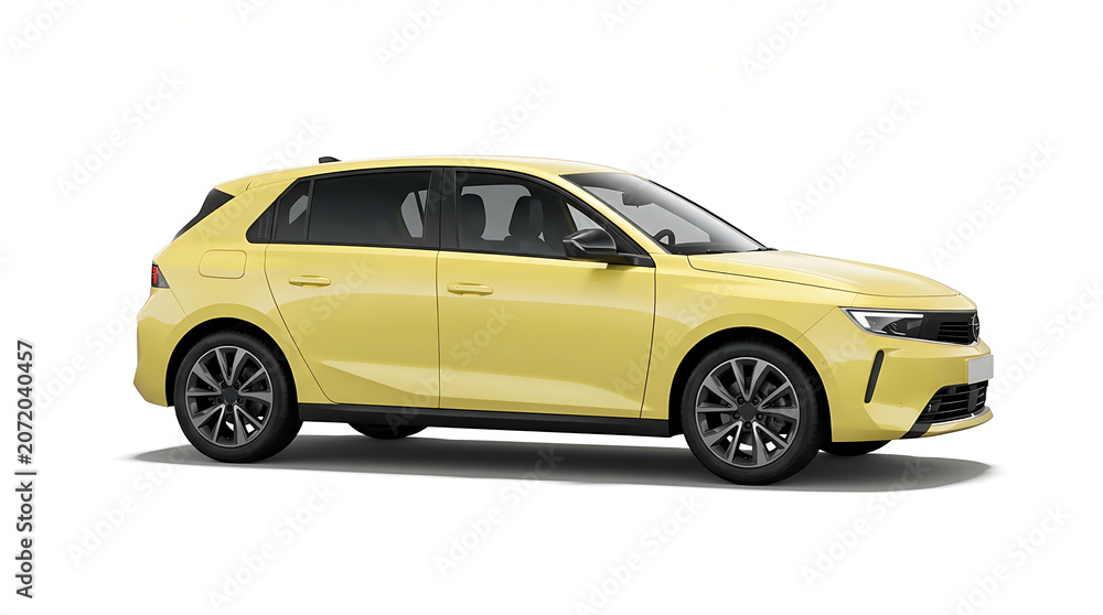 Naklejka premium Yellow hatchback car with black wheels and windows isolated on white background