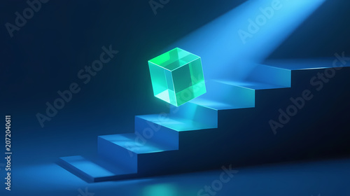Glowing green cube in dark futuristic space