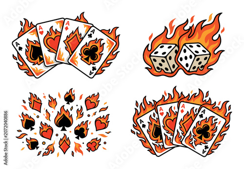 Four vector illustrations depicting an aces poker hand, two dice and flaming card suits for casino, luck or game themes