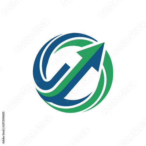 Abstract circular arrow logo in green and blue.