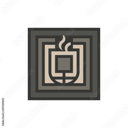Minimalist square frame enclosing stylized hot coffee cup icon.