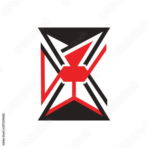 Abstract geometric hourglass pattern in red and black.
