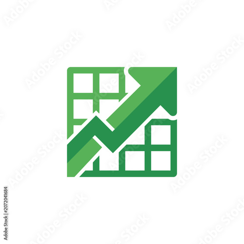 Green upward growth arrow on grid background.