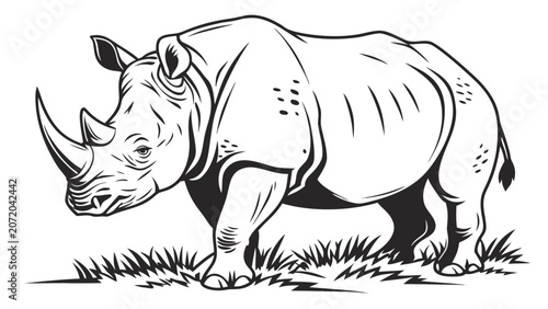 Bild auf Leinwand Standing rhinoceros wildlife line art drawing with rhinoceros, wildlife