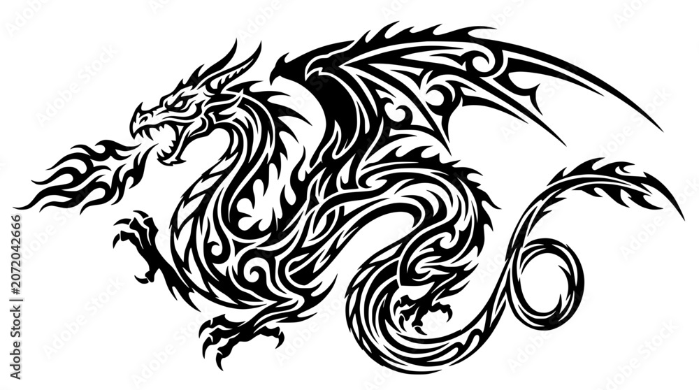 Fototapeta premium Tribal Dragon Tattoo Illustration with Fire Breath