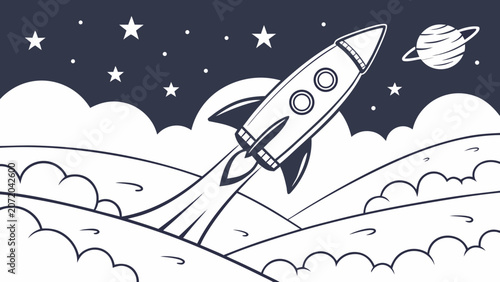 Rocket ship blasting off into outer space with spaceship exploration astronomy