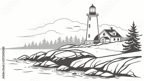 Lighthouse on rocky shoreline coastal landscape illustration with lighthouse