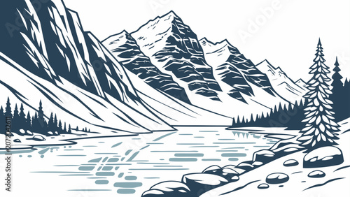 Scenic mountain landscape illustration with lake and pines mountain landscape