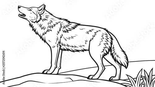 Howling gray wolf standing on a rocky outcrop graphic with wildlife, predator
