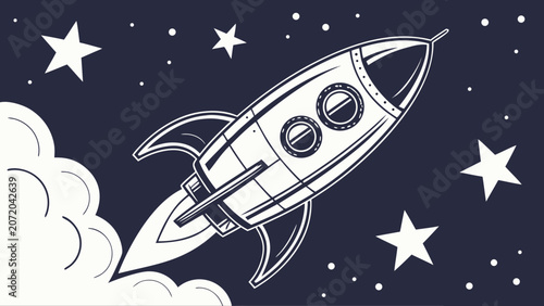 Retro rocket ship launching into deep space graphic illustration with blastoff