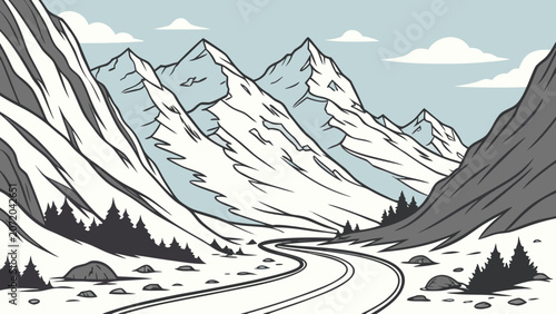 Winding road through snowy mountain landscape illustration with mountains