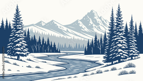 Winter landscape with snowy mountains and winding river scenic illustration