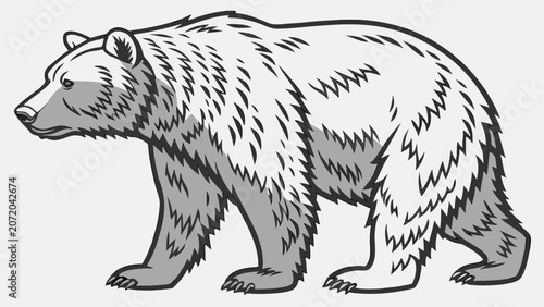 Stylized gray and white illustration of a walking grizzly bear with wildlife