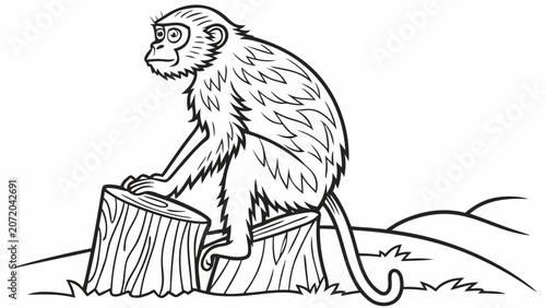 Monkey sitting on tree stump graphic illustration with wildlife, illustration