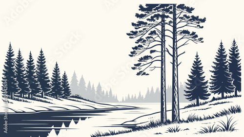Vintage woodland river landscape graphic illustration with landscape, woodland