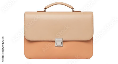 Tan leather briefcase with silver lock clasp on white background