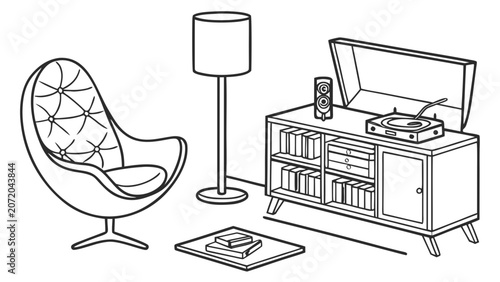 Retro living room interior setup with record player and armchair, interior
