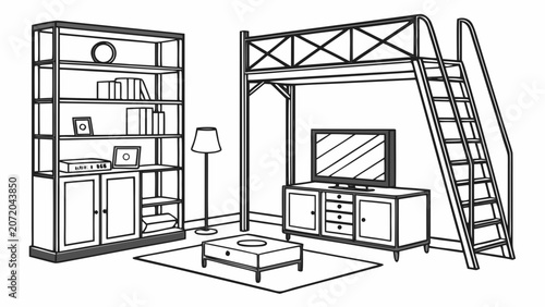 Modern studio apartment interior line drawing with loft bed and furniture