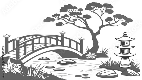 Japanese garden landscape illustration with wooden bridge and pagoda lantern