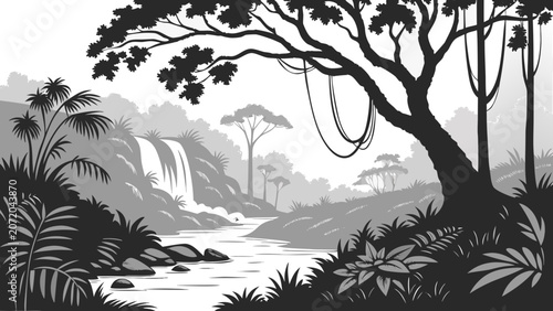 Tropical jungle rainforest waterfall landscape with lush vegetation and vines