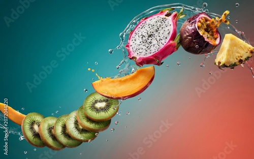 Fresh assorted tropical fruits flying with water splashes on gradient background