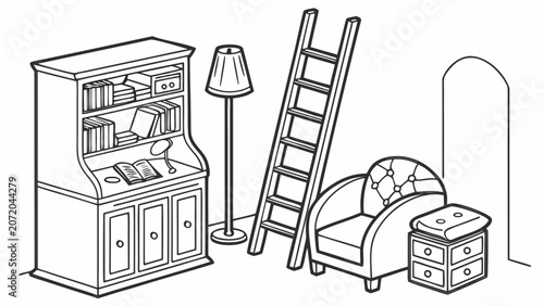 Classic home study or library furniture line art with bookshelf, armchair