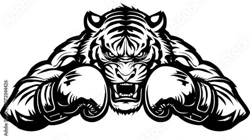 Angry tiger head with boxing gloves, aggressive animal illustration