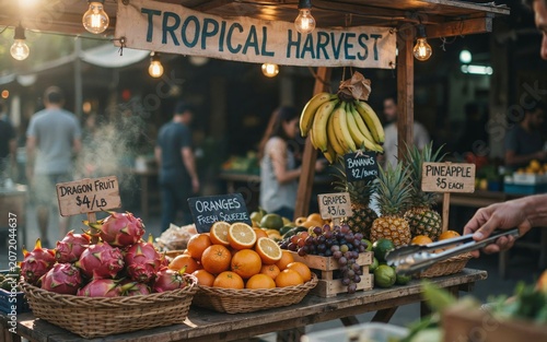Tropical harvest fruit stall at local outdoor market with assorted fresh fruits