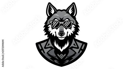 Stylized Black and White Wolf Head Silhouette with Fur Texture and Intense Expression