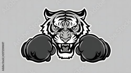 Angry tiger head with boxing gloves, aggressive animal face
