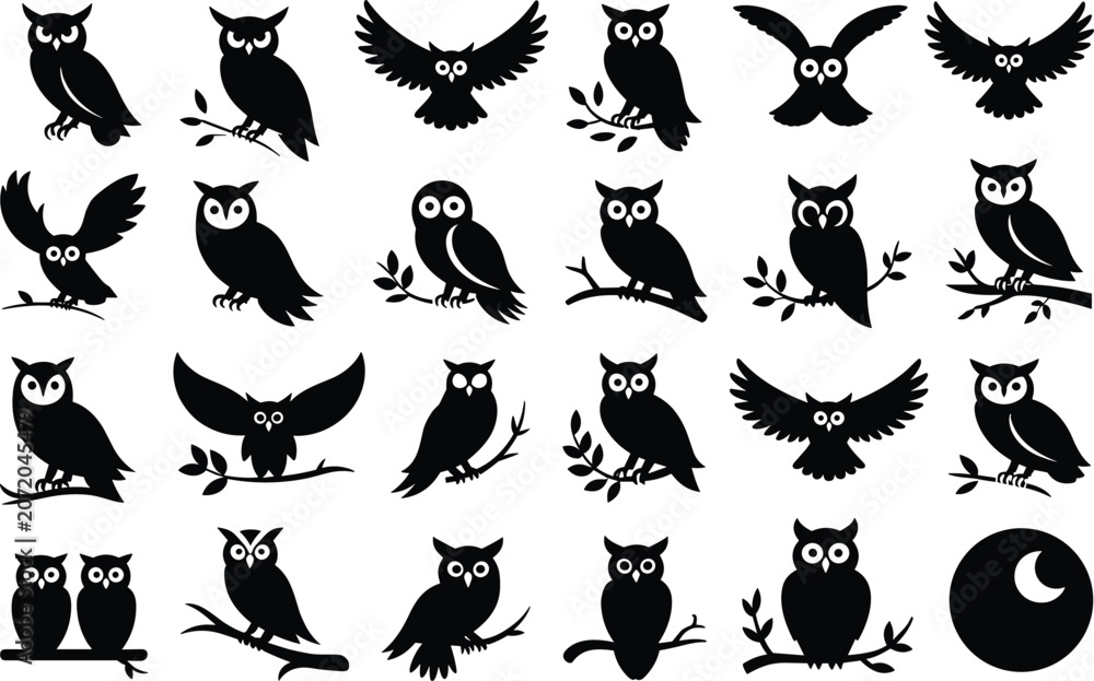 Fototapeta premium Various owl silhouettes set depicting different perching flying and nocturnal postures
