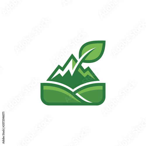 Foto Green mountain peak emblem with a growing leaf.