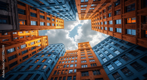 Low angle view looking up at tall urban skyscrapers with dramatic orange blue sky between city buildings