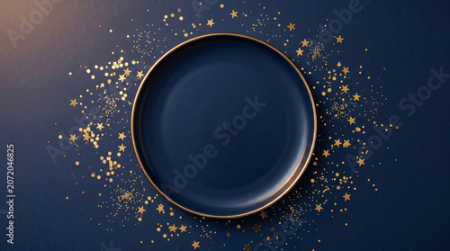 Navy Blue Ceramic Plate with Gold Star Confetti on Dark Background Elegant Festive Table Flatlay