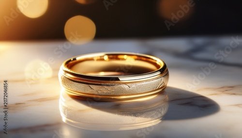 luxury gold wedding ring on elegant marble surface with soft sunlight reflection