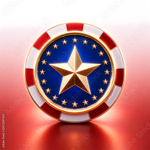 Patriotic Golden Star Emblem on Reflective Red and White Gradient Background - Symbol of American Pride, Achievement, and National Unity
