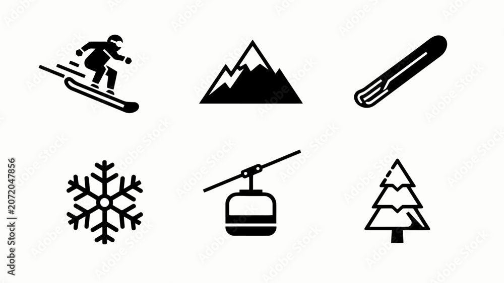 Fototapeta premium Winter Sports Icons: Snowboarder, Mountains, Snowboard, Snowflake, Cable Car, Tree