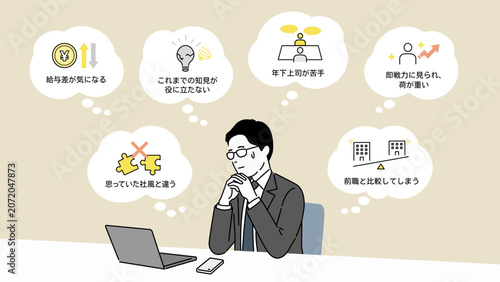 Foto 転職したが、悩みを抱える男性会社員のイラスト、職場環境や待遇への不安