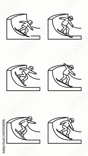 Snowboarder Performing Tricks in Halfpipe - Line Art Sequence