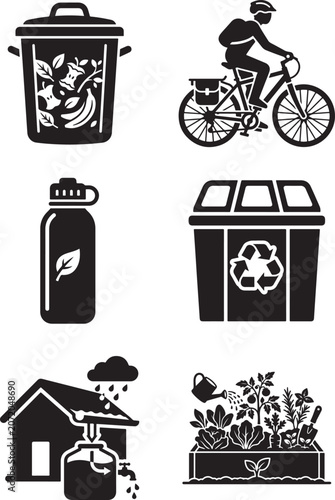 Set of black and white eco-friendly lifestyle and sustainability concept icons with sustainability