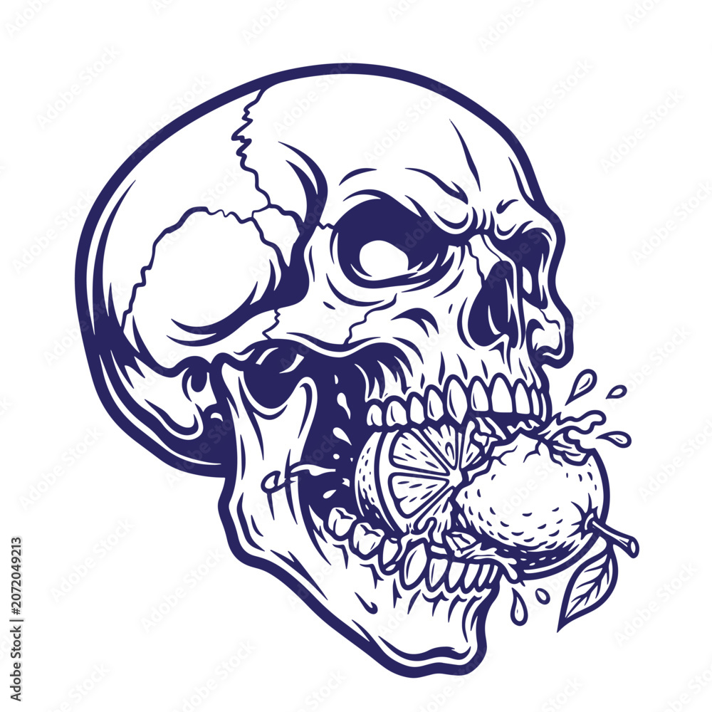Obraz premium A dark blue line of a human skull biting into a whole citrus fruit with a leaf, t-shirt poster isolated on a white background, featuring juice splashes and detailed skeletal anatomy for