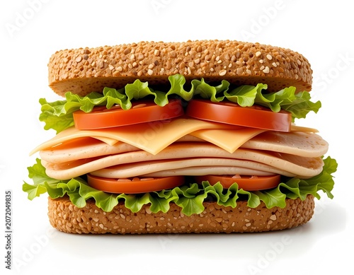 Delicious Sandwich with Turkey, Cheese, Tomato, and Lettuce on Wheat Bread, Perfect for a Quick Lunch