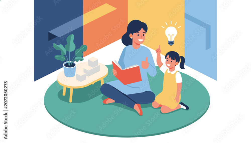 Obraz premium Caring mother reading a storybook to her young daughter who gets a creative idea represented by a glowing light bulb.