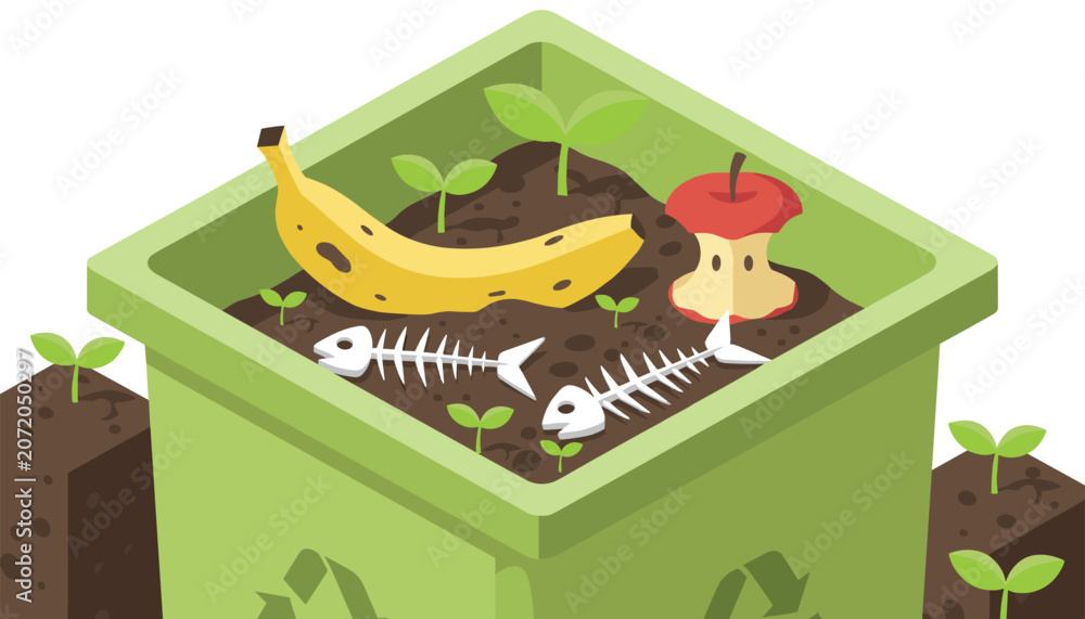 Fototapeta premium Green compost bin filled with organic waste like a banana peel, apple core, and fish bones to create fertile soil.