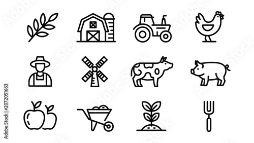 Foto farm agriculture line icon set featuring barn tractor chicken farmer windmill co