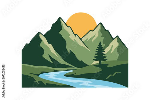 Vector illustration of a mountain landscape with a river and tree at sunset